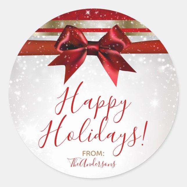 Red Bow & Gold Weißer Sparkle Runder Aufkleber (Vorderseite)