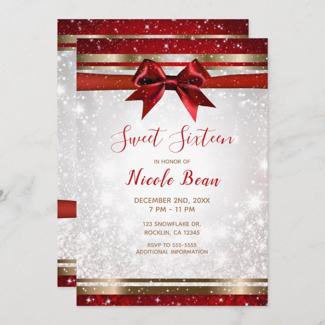Red Bow & Gold White Sparkle Holiday Sweet 16 Einladung (Vorne/Hinten)