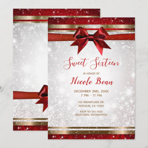 Red Bow & Gold White Sparkle Holiday Sweet 16 Einladung