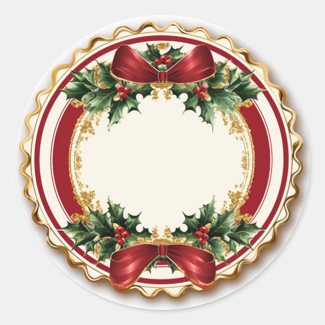 Red Bow Golden Holly & Ivy Runder Aufkleber (Vorderseite)