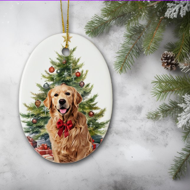 Red Bow Golden Retriever Dog Weihnachten Keramik Ornament (Von Creator hochgeladen)