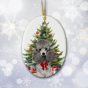 Red Bow Gray Miniature Poodle Dog Weihnachten Keramik Ornament