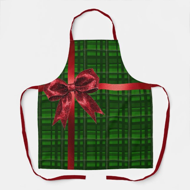 Red Bow Green Gingham Karierte Weihnachtsgeschenk Schürze (Vorderseite)