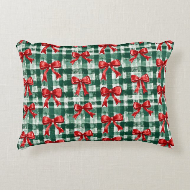 Red Bow Green Plaid Christmas Dekokissen (Vorderseite)