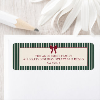 Red Bow Green Stripes Christmas Return Address