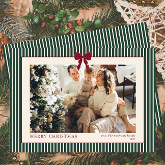 Red Bow Green Stripes Merry Christmas Photo Feiertagskarte