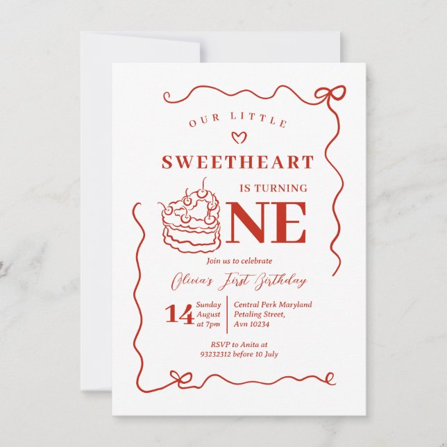 Red Bow Handgezeichnet Little Sweetheart Turning O Einladung (Vorderseite)