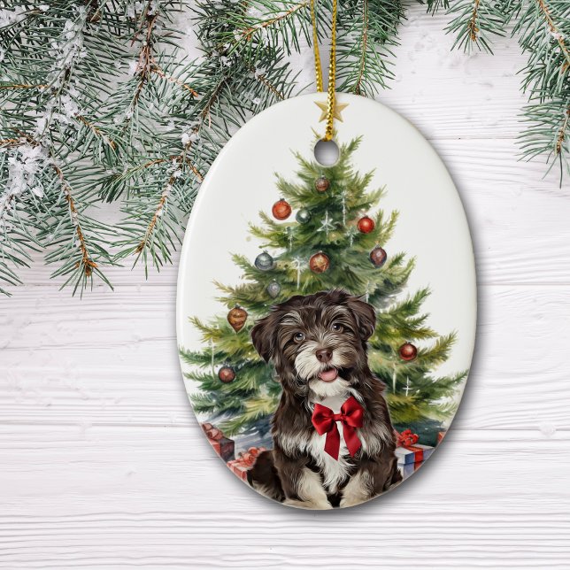 Red Bow Havanese Dog Christmas Keramik Ornament (Von Creator hochgeladen)