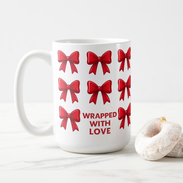 Red Bow Holiday Muster mit Liebe ummantelt Kaffeetasse (Mit Donut)