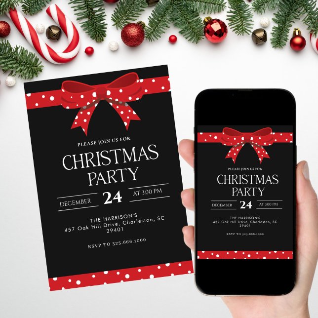 Red Bow Holiday Weihnachtsessen Einladung (Von Creator hochgeladen)