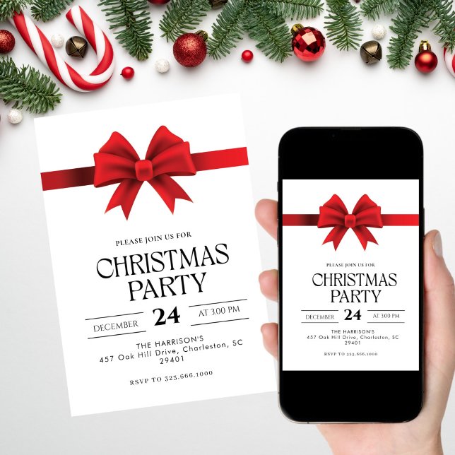 Red Bow Holiday Weihnachtsessen Einladung (Von Creator hochgeladen)
