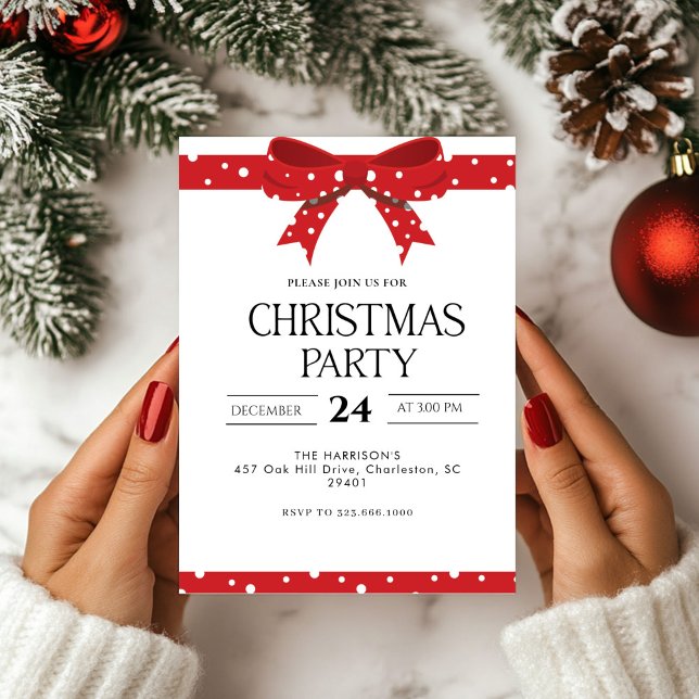 Red Bow Holiday Weihnachtsessen Einladung (Von Creator hochgeladen)