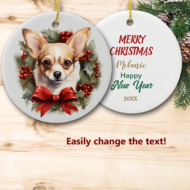 Red Bow Holly Wreath Chihuahua Dog Keramik Ornament (Von Creator hochgeladen)