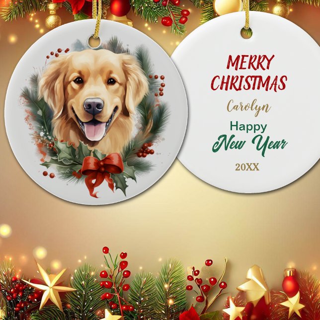 Red Bow Holly Wreath Golden Retriever Dog Keramik Ornament (Von Creator hochgeladen)