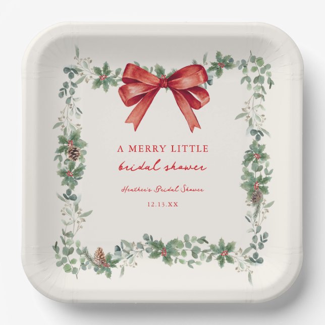 Red Bow Merry Little Christmas Bridal Shower Pappteller (Vorderseite)