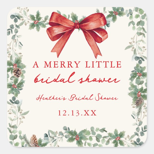 Red Bow Merry Little Christmas Bridal Shower Quadratischer Aufkleber (Vorderseite)