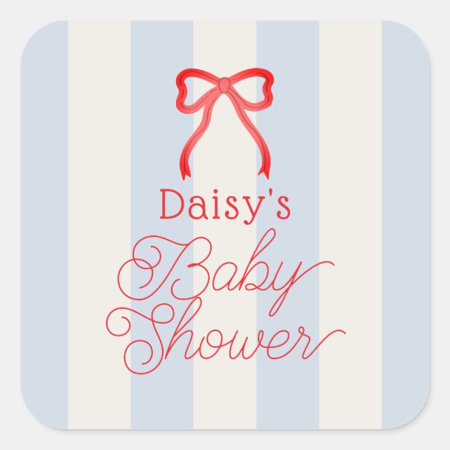 Red Bow & Pale Blue Stripes Baby Shower Quadratischer Aufkleber (Vorderseite)