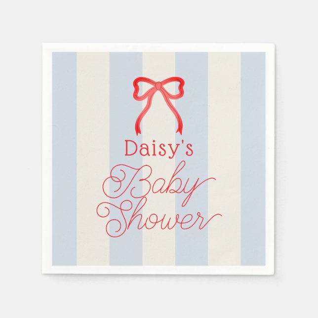 Red Bow & Pale Blue Stripes Baby Shower Serviette (Vorderseite)