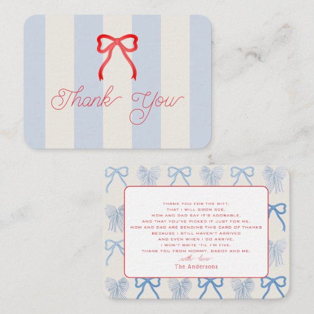 Red Bow & Pale Blue Stripes Baby Shower Thank You Mitteilungskarte (Vorne/Hinten)