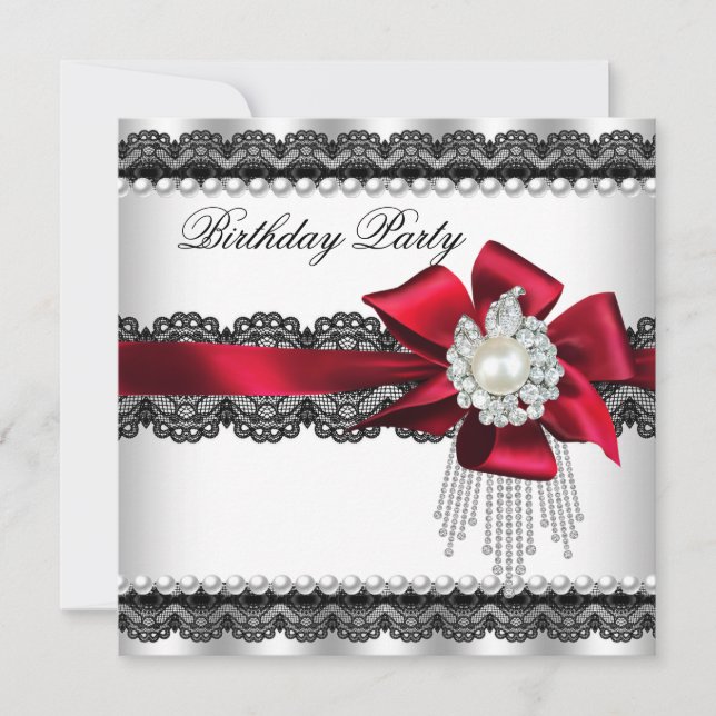 Red Bow Pearl Lace Pearl Birthday Party Einladung (Vorderseite)