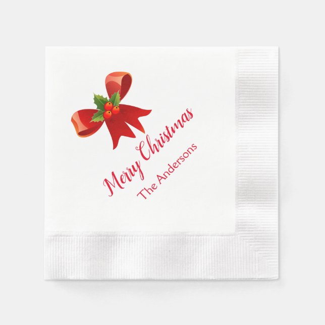 Red Bow Personalisiert Weihnachts-Party Napkins Serviette (Vorderseite)