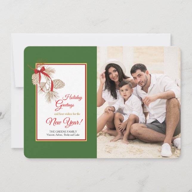 Red Bow Pinecones Foto Feiertagskarte (Vorderseite)