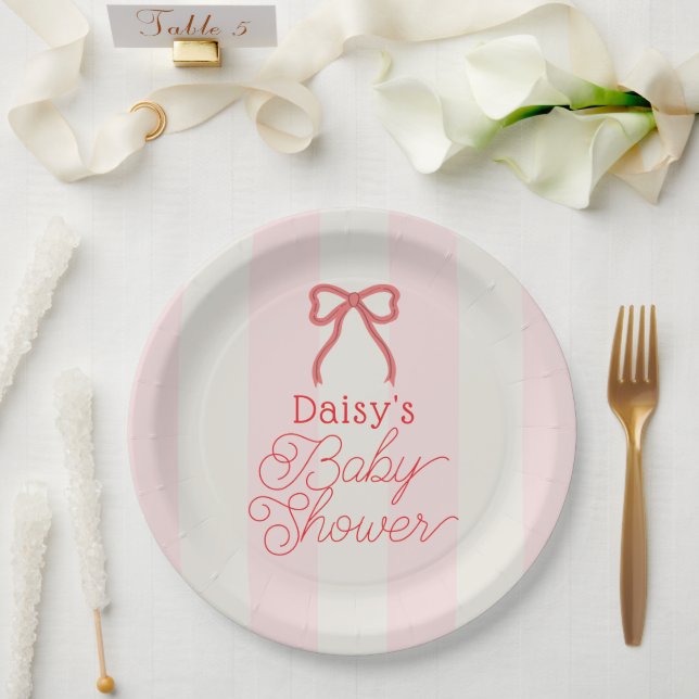 Red Bow & Pink Stripes Baby Shower Pappteller (Hochzeit)