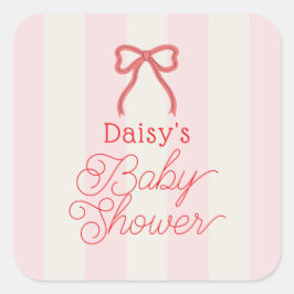 Red Bow & Pink Stripes Baby Shower Quadratischer Aufkleber