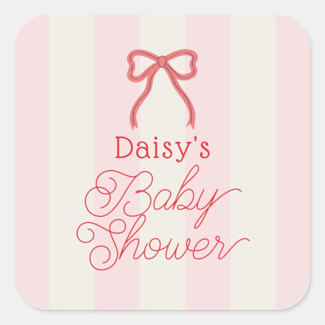 Red Bow & Pink Stripes Baby Shower Quadratischer Aufkleber (Vorderseite)