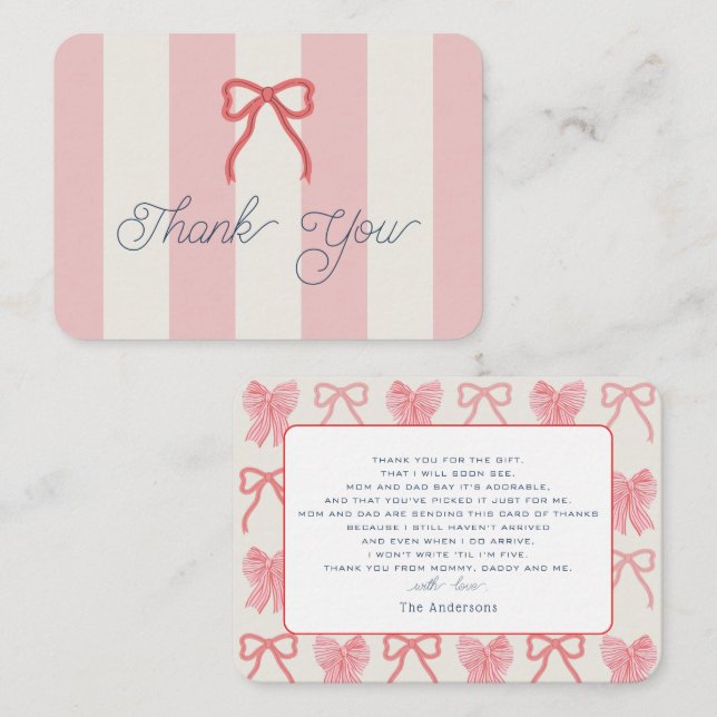 Red Bow & Pink Stripes Baby Shower Thank You Mitteilungskarte (Vorne/Hinten)