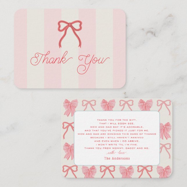 Red Bow & Pink Stripes Baby Shower Thank You Mitteilungskarte (Vorne/Hinten)