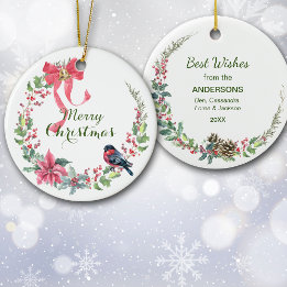 Red Bow Poinsettia Bird Holiday Wreath Keramik Ornament