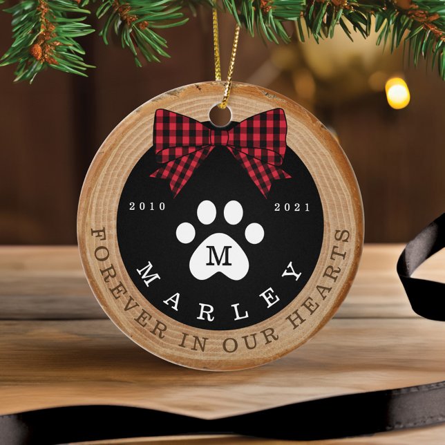 Red Bow PW Print Memorial Pet Foto Holz Slice Keramik Ornament (Red Bow Paw Print Memorial Pet Photo Wood Slice Ceramic Ornament)