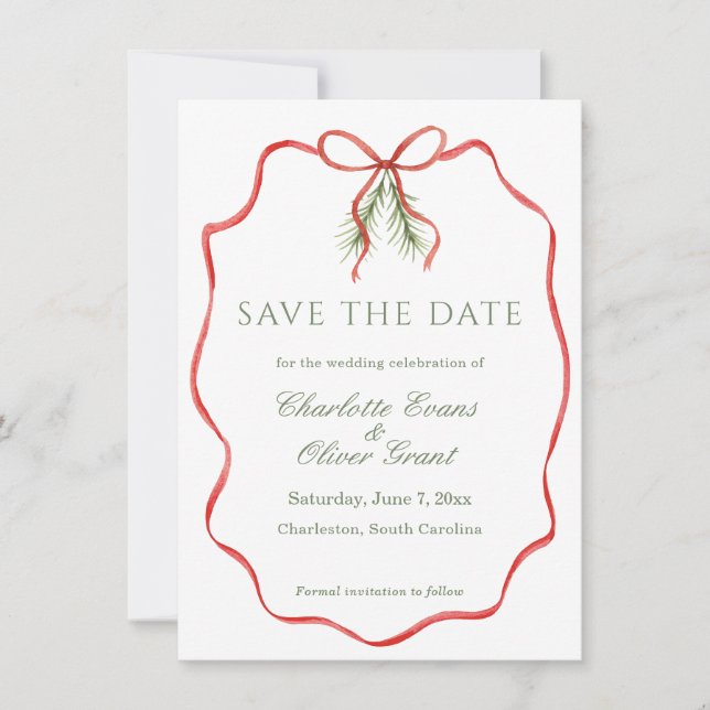 Red Bow Ribbon Winter Save The Date (Vorderseite)