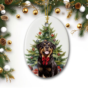 Red Bow Rottweiler Dog Weihnachten Keramik Ornament