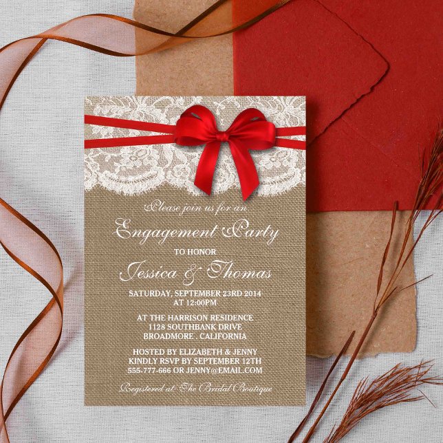 Red Bow Rustic Burlap & Lace Engagement Party Einladung (Von Creator hochgeladen)