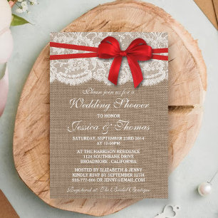 Red Bow Rustic Burlap & Lace Polterabend Einladung