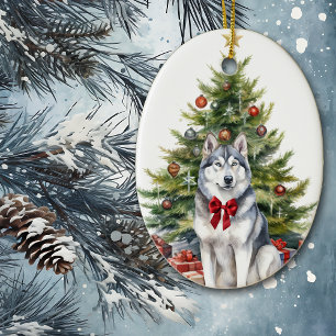 Red Bow Siberian Husky Weihnachten Keramik Ornament