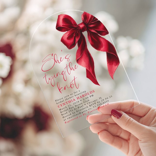 Red Bow Sie bindet das Brautparty des Knotens Acryleinladungen (Red Bow Bridal Shower Acrylic Arch Invitation)
