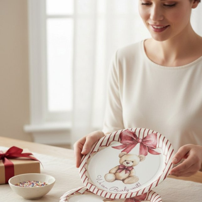 Red Bow Teddy Bear Baby Shower Plates Pappteller (Von Creator hochgeladen)