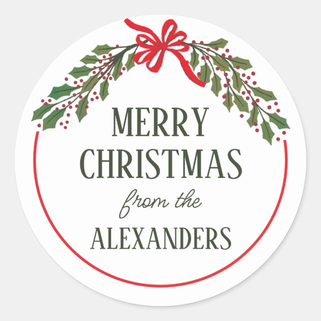 Red Bow und Holly Garland Weihnachten Runder Aufkleber (Vorderseite)