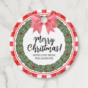 Red Bow Watercolor Christmas Holly Wreath Geschenkanhänger