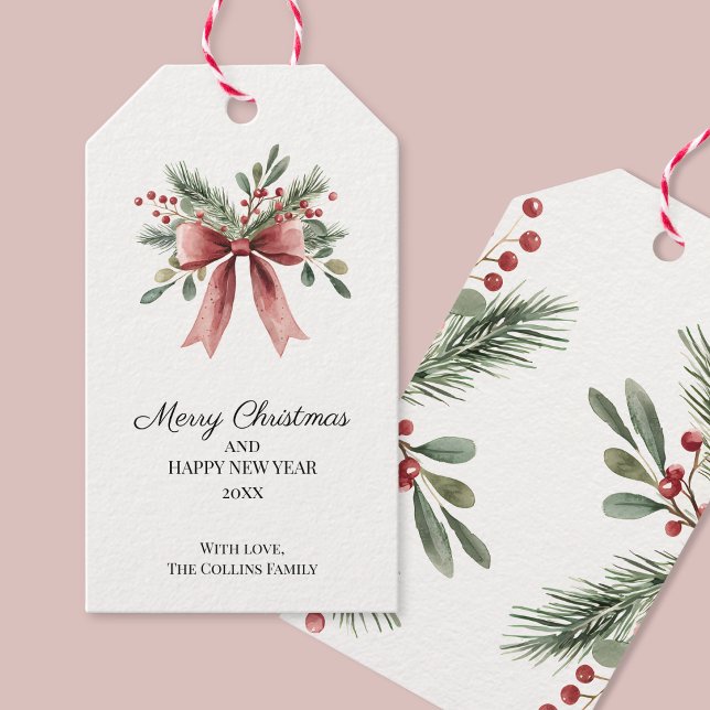 Red Bow Watercolor Green Holly Berries Weihnachten Geschenkanhänger (Red Bow Watercolor Green Holly Berries Christmas Gift Tags)