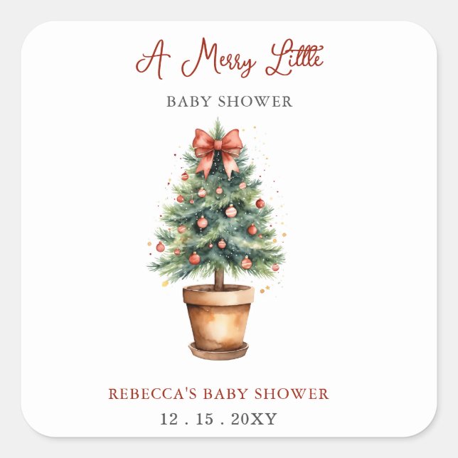 Red Bow Weihnachtsbaum Merry Little Baby Shower Quadratischer Aufkleber (Vorderseite)