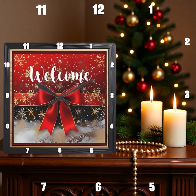 Red Bow Welcome Christmas Quadratische Wanduhr (Von Creator hochgeladen)