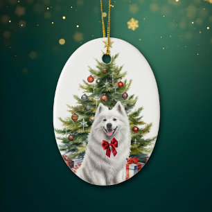 Red Bow White Samoyed Dog Weihnachten Keramik Ornament