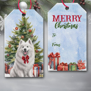 Red Bow White Samoyed Dog Weihnachtsbaum Geschenkanhänger