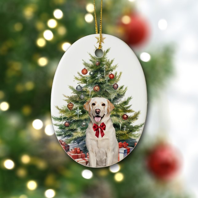 Red Bow Yellow Labrador Retriever Christmas Keramik Ornament (Von Creator hochgeladen)