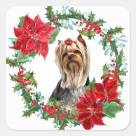 Red Bow Yorkshire Terrier Poinsettia Holly Wreath Quadratischer Aufkleber