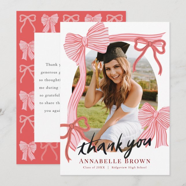 Red Bows Photo Graduation Thank You Card Einladung (Vorne/Hinten)
